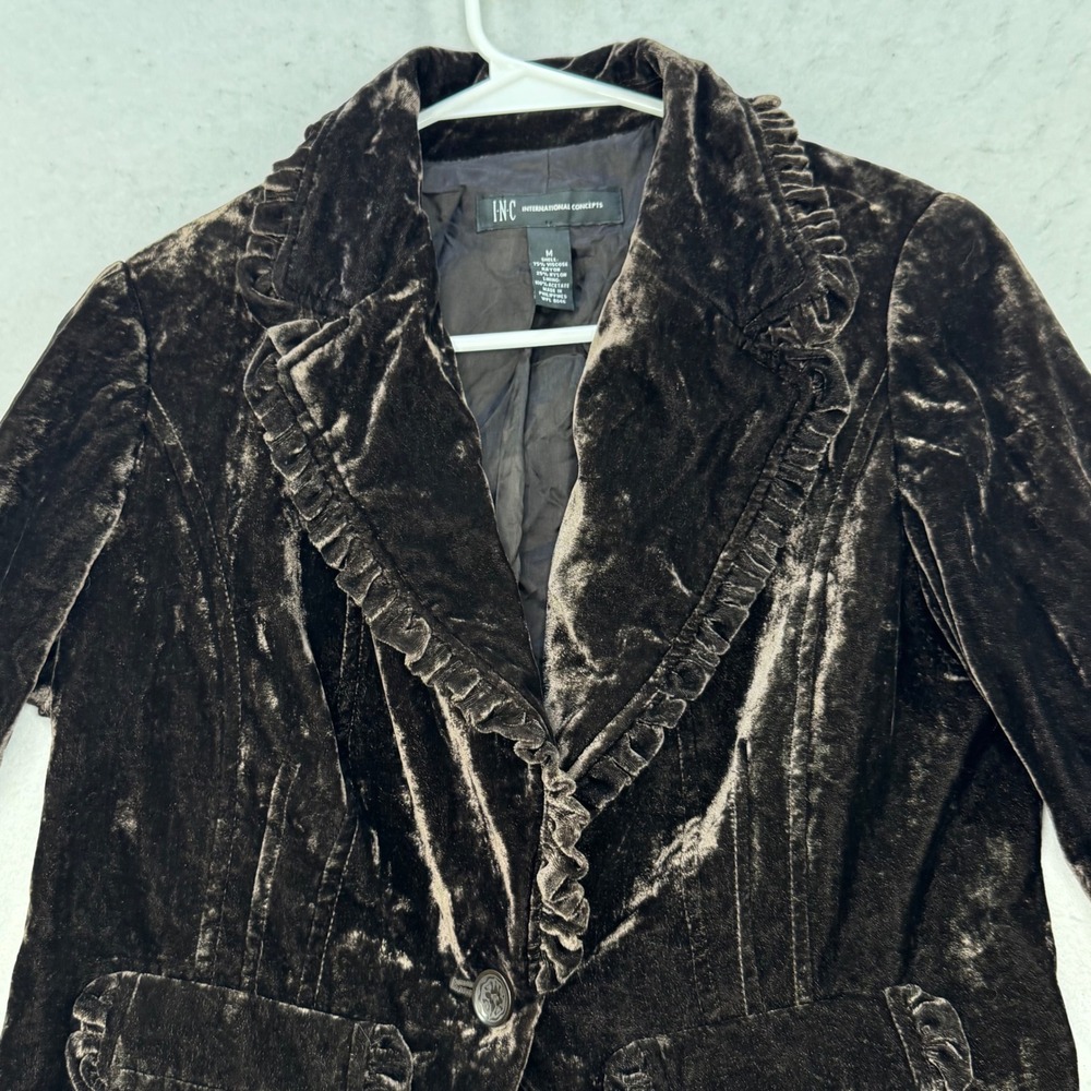 INC Velvet Blazer Womens Medium Brown Ruffle Trim Victorian Goth Jacket - Picture 11 of 13